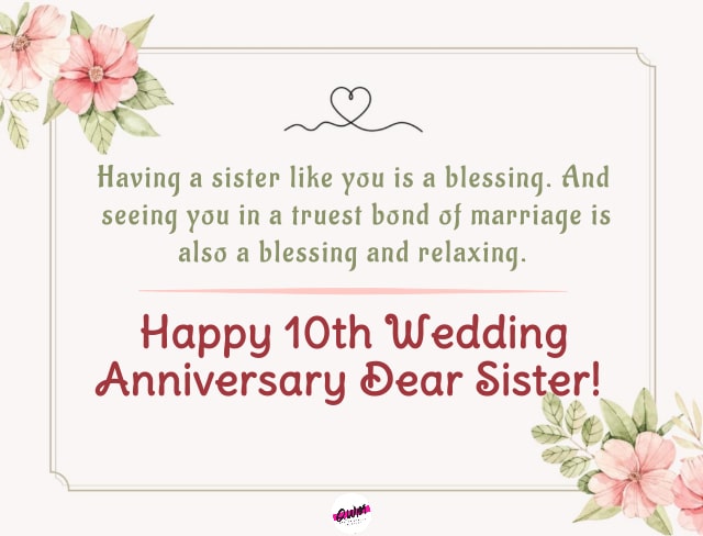 10th Wedding Anniversary Wishes for Sister 